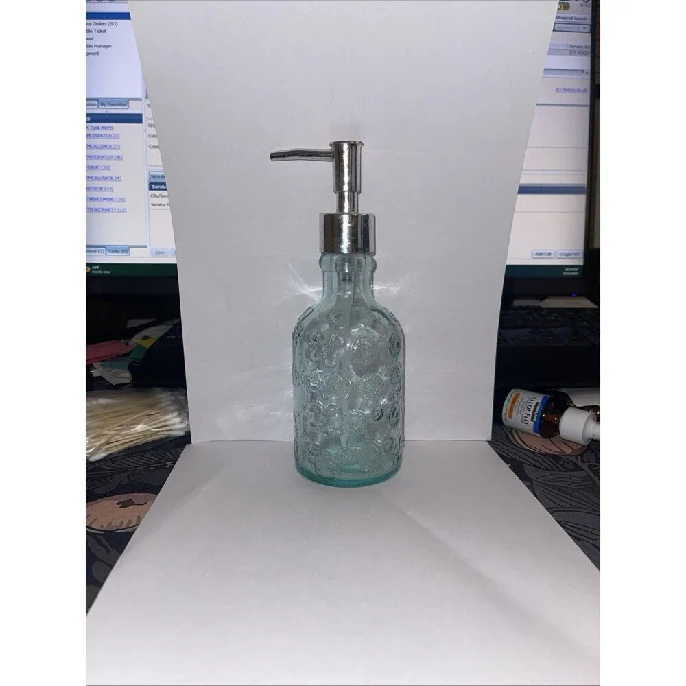 Glass Soap Dispenser 8 in Floral Pattern Clear